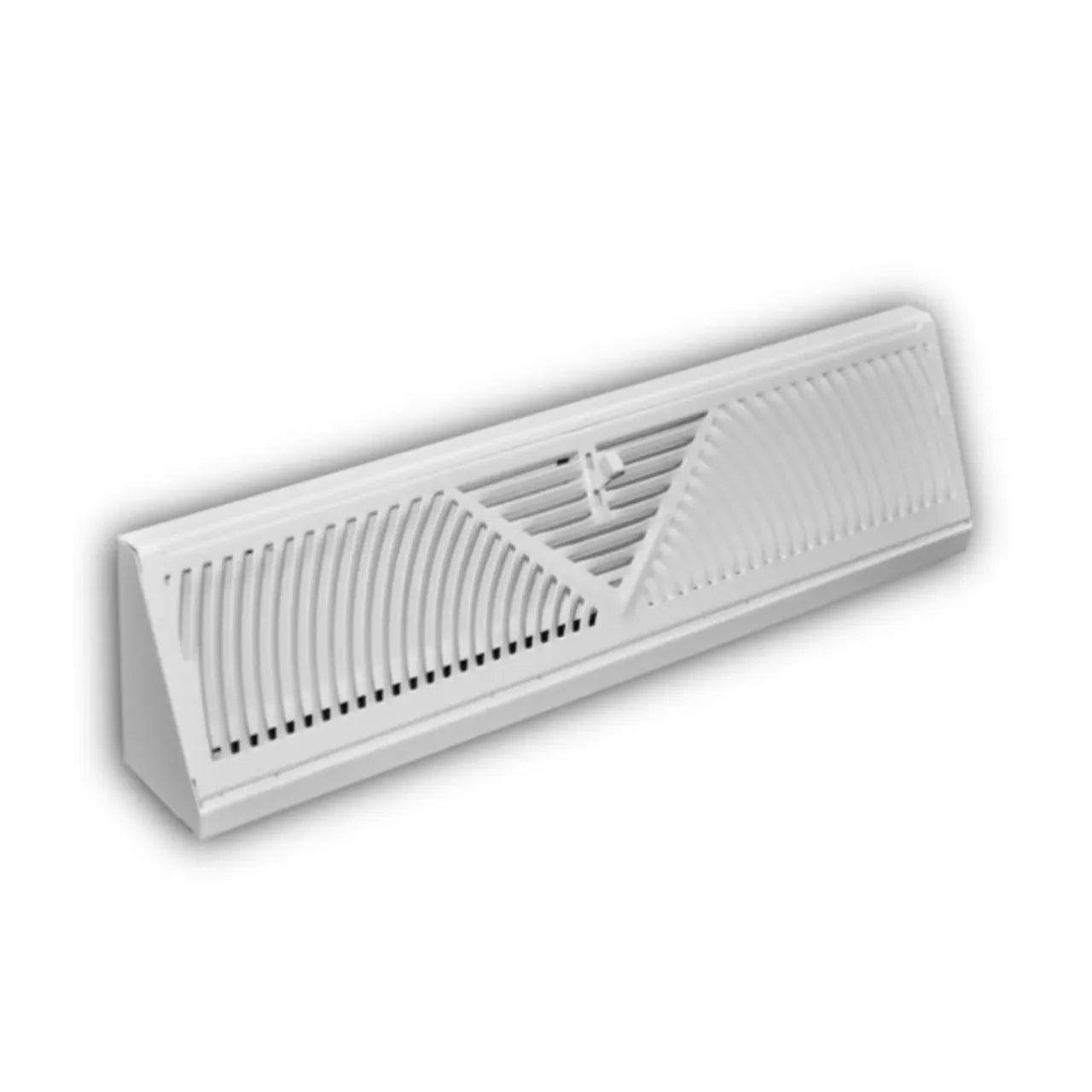 The Go Build 4-1/2 in. x 18 in. 3-Way Steel Baseboard Diffuser Supply in white features slanted, curved center slats in a V-shaped pattern, shown against a plain white background.